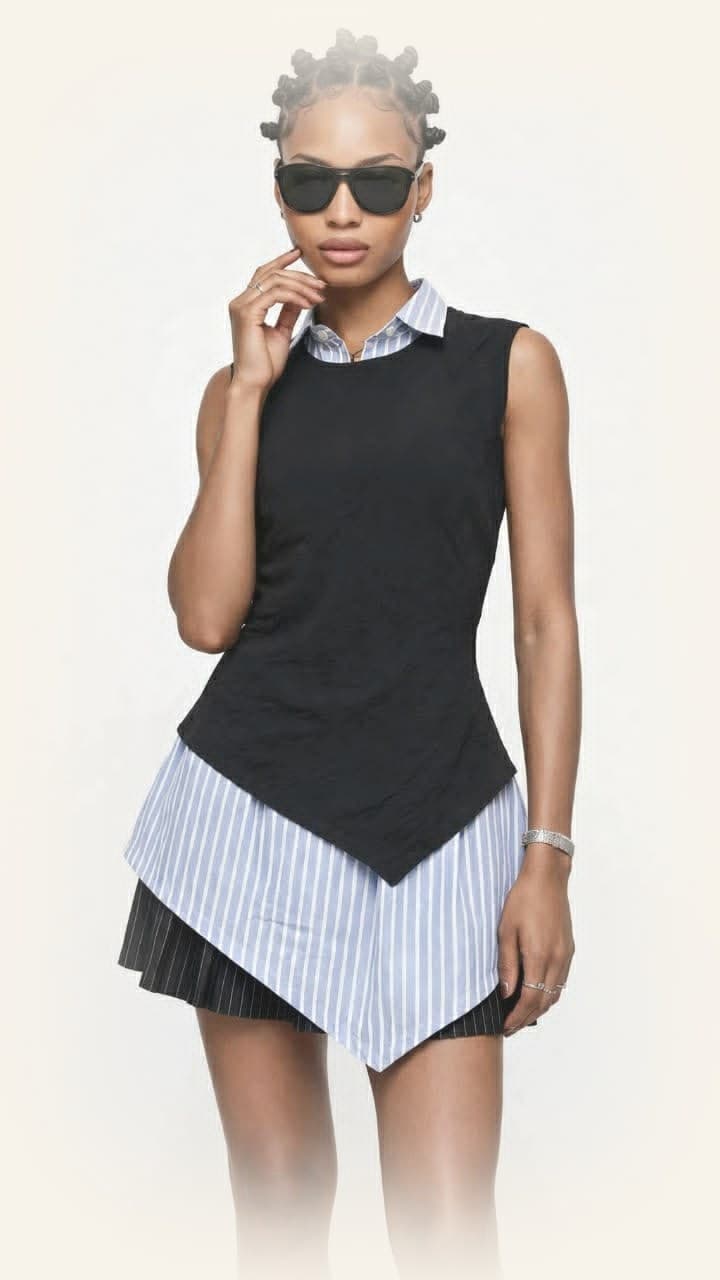 LJ bestseller — layered asymmetrical top with striped shirt