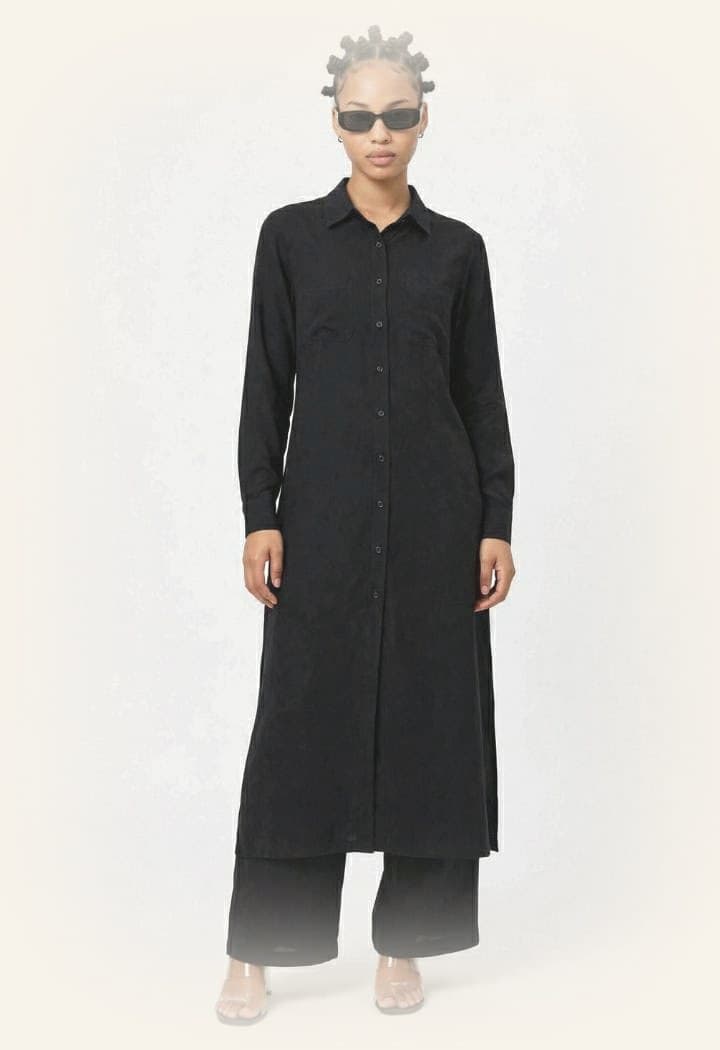 LJ bestseller — long black button-up shirt dress with wide-leg trousers