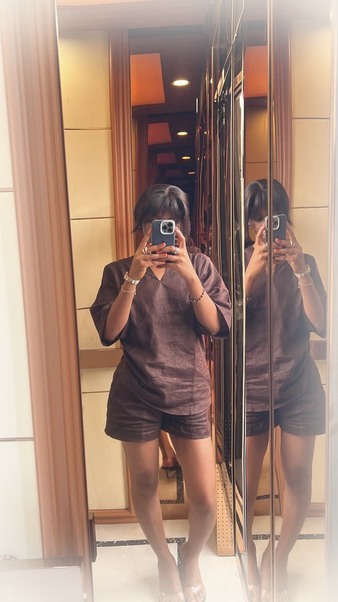 LJ look — chocolate brown two-piece set with blouse and high-waisted shorts